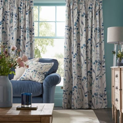 ARCH2193 Blue Isla Floral Print Pencil Pleat Blackout/Thermal 100% Cotton Curtains from Next Hong Kong