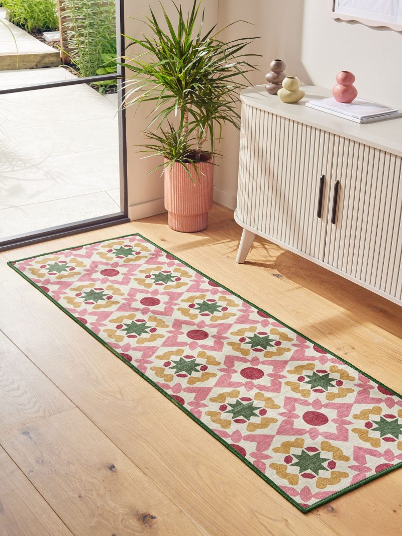ARCH2183 Pink Washable Geometric Tile Runner