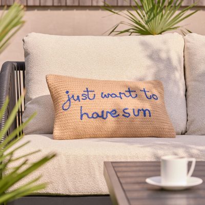 ARCH2159 Natural/Blue Indoor Outdoor Jute Just Want To Have Sun Slogan Cushion
