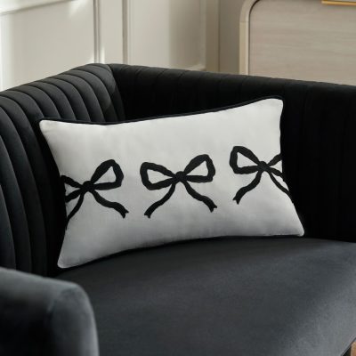ARCH2166 Black/White Embroidered Bow 50 x 30cm Cushion