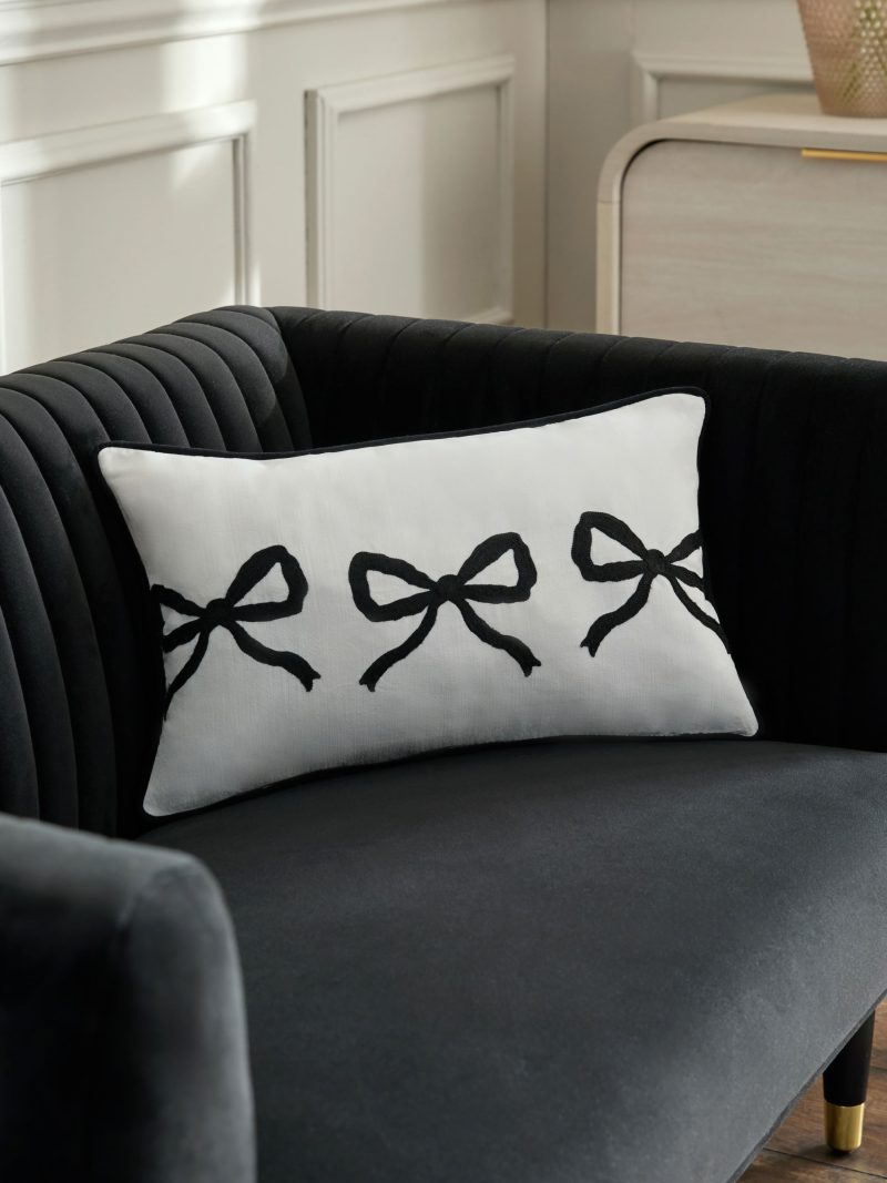 ARCH2166 Black/White Embroidered Bow 50 x 30cm Cushion