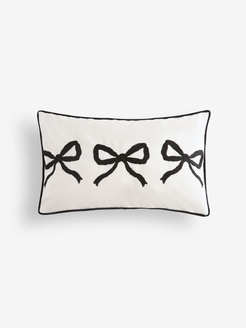 ARCH2166 Black/White Embroidered Bow 50 x 30cm Cushion - Image 2