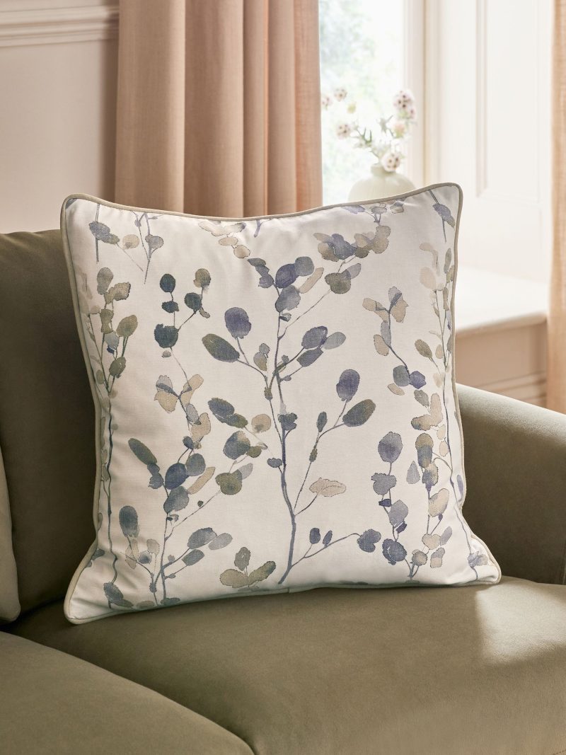 ARCH2172 Natural/Blue Honesty Leaf Floral Printed Cushion